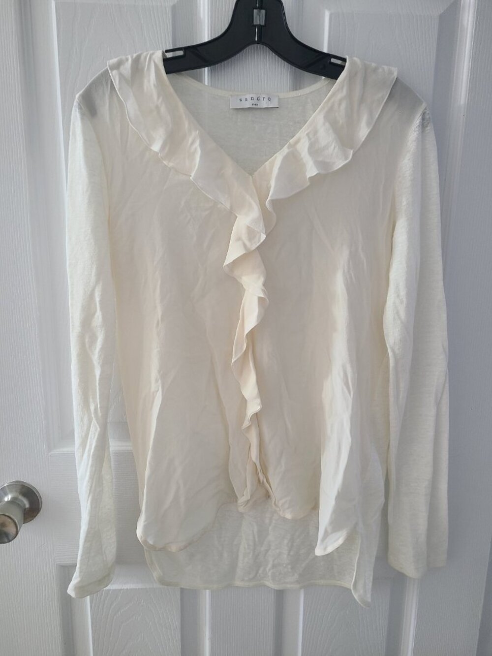 Sandro Ruffle Front Blouse Top Linen Silk Ivory size 2